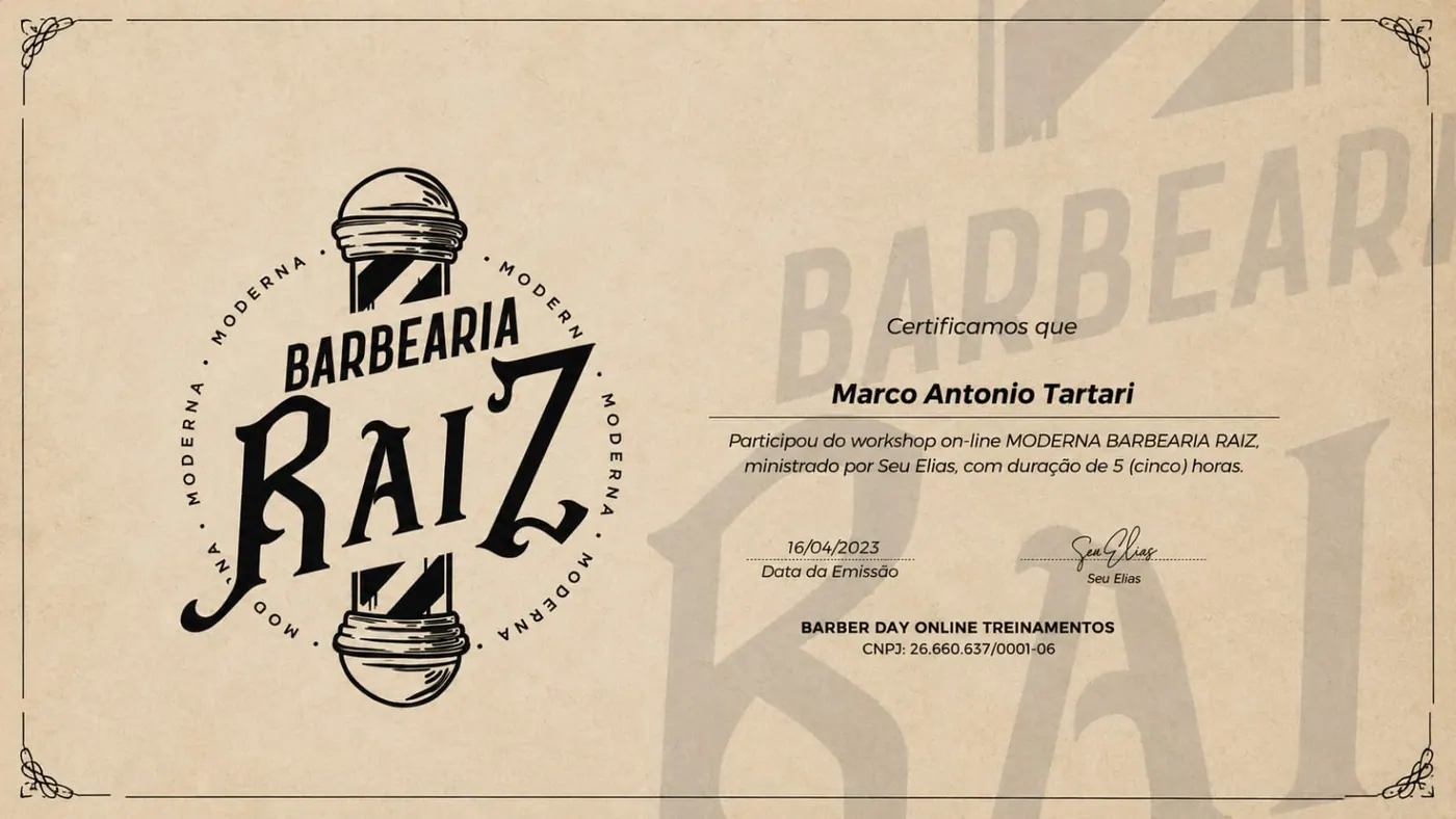 Certificado de aperfeiçoamento presencial Barbearia Raiz concedido a Marco Antonio Tartari