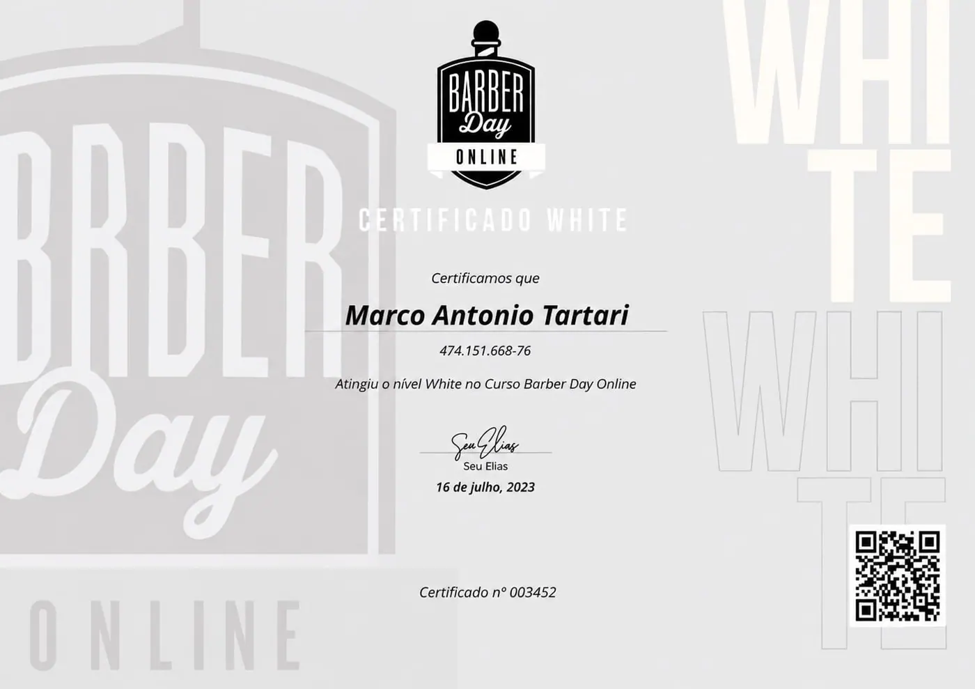 Certificado Barber Day nível White concedido a Marco Antonio Tartari