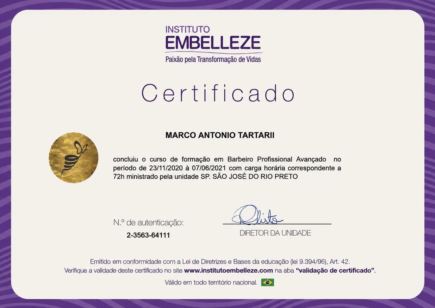 Certificado de Barbeiro Profissional Avançado concedido a Marco Antonio Tartari pelo Instituto Embelleze