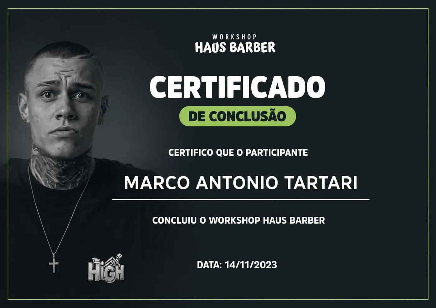 Certificado de conclusão do Workshop Haus Barber concedido a Marco Antonio Tartari