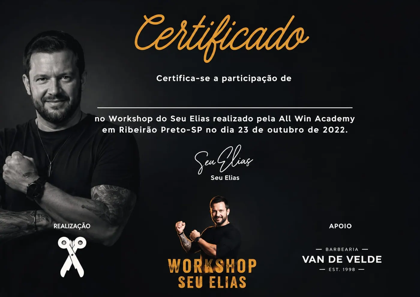 Certificado do Workshop Seu Elias concedido a Marco Antonio Tartari pela All Win Academy